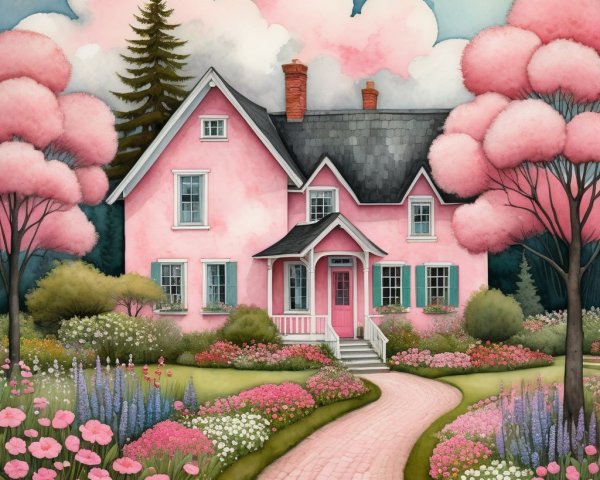 Charming Pink House with Flowerbeds and Stone Pathway