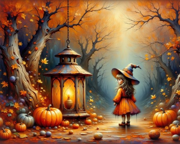 Whimsical Autumn Landscape with a Young Girl and Lantern
