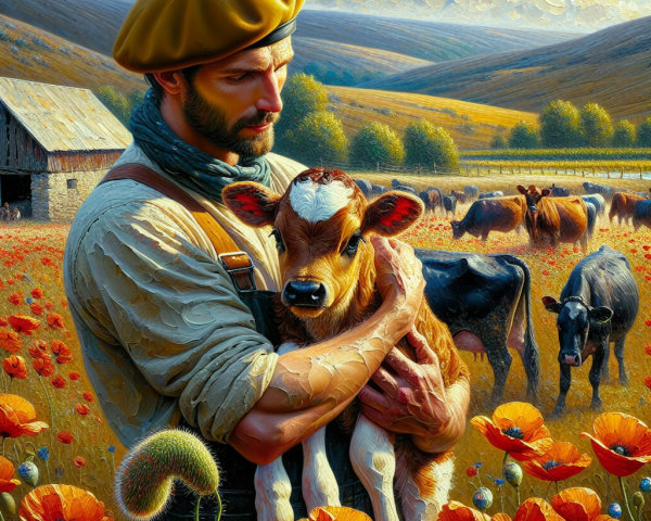 Pastoral Scene of Farmer with Calf and Grazing Cows