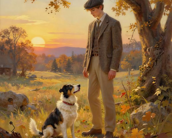 Young boy and border collie in autumn field scene