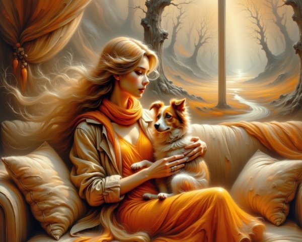 Serene Scene of a Woman with a Dog in Cozy Setting