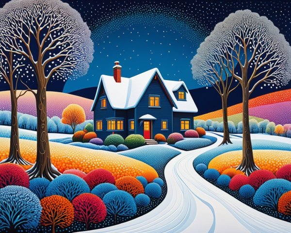 Cozy Blue House in a Winter Landscape with Colorful Trees