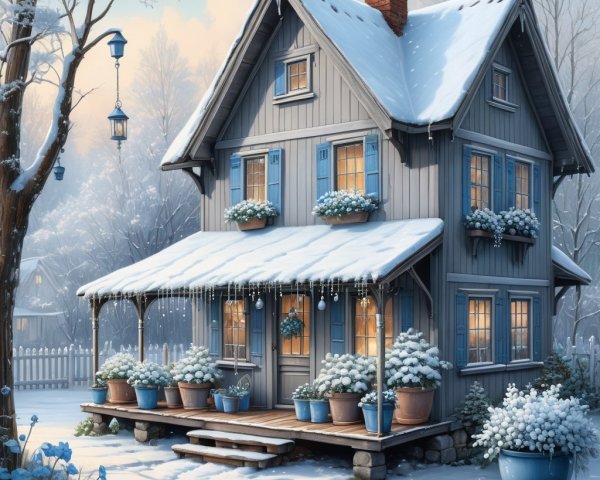 Snow-Covered House in a Serene Winter Landscape