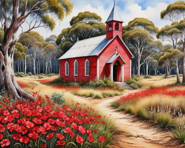 Red Church Surrounded by Poppy Fields and Trees