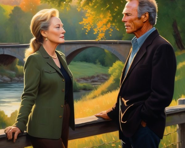 Elegant Conversation by a Picturesque Riverbank at Sunset
