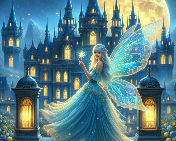 Fairy with Iridescent Wings by a Majestic Castle