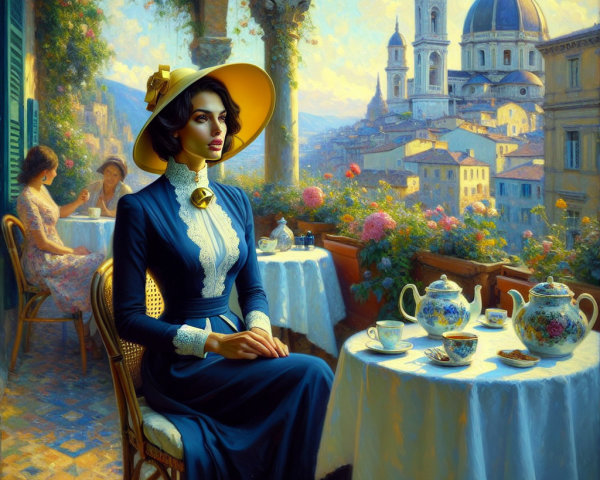 Outdoor Café Scene with Elegant Dress and Skyline