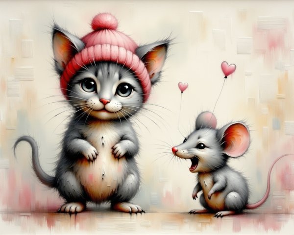 Gray Kitten and Mouse in Whimsical Friendship Scene