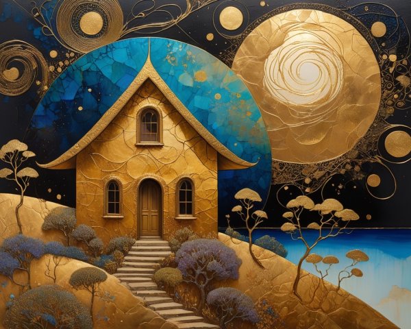 Golden House on a Hill with Abstract Surroundings