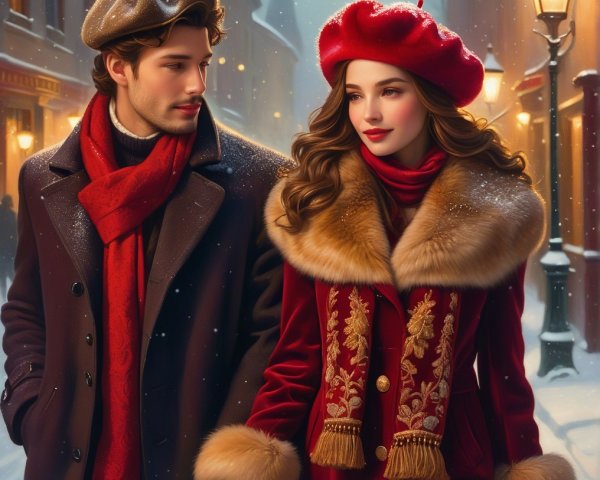 Stylish couple in a winter street with twinkling lights