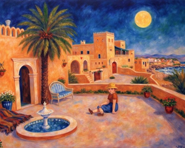 Vibrant Nighttime Courtyard with Fountain and Moonlight