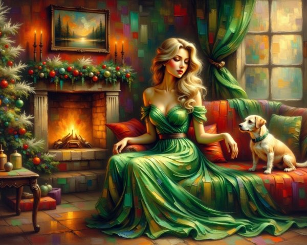 Vibrant Stained Glass Style Painting of Woman and Dog