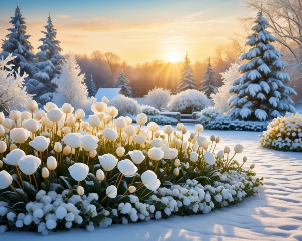 Winter Landscape with Snow and White Tulips