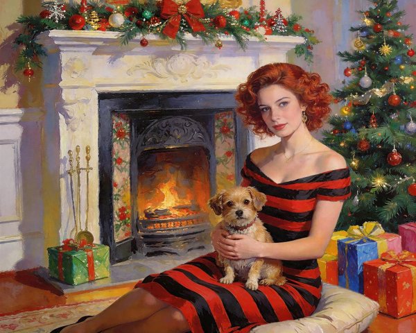 Red-haired woman in festive setting with dog and tree