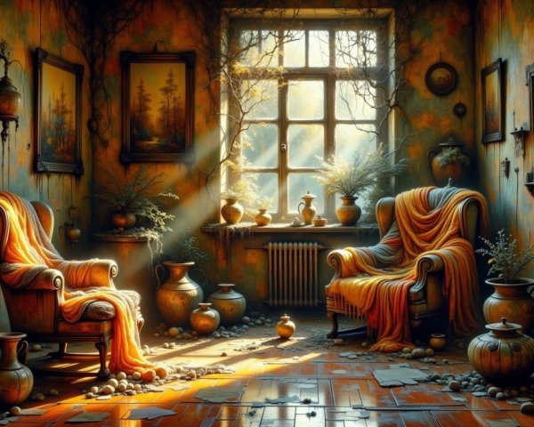 Cozy Sunlit Room with Vintage Armchairs and Plants