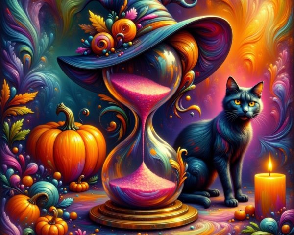 Colorful Witch's Hat and Black Cat in Magical Scene