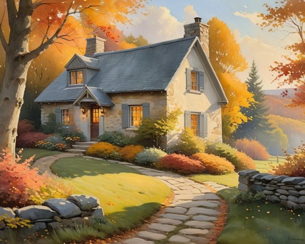 Stone Cottage Surrounded by Autumn Foliage and Flowers