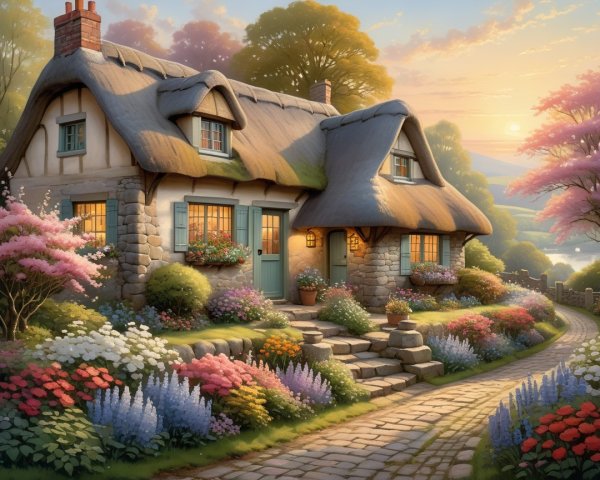 Charming Thatched Cottage Surrounded by Vibrant Gardens