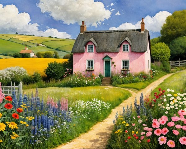 Charming Pink Cottage Surrounded by Vibrant Gardens
