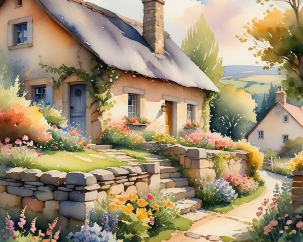 Charming Cottage Surrounded by Vibrant Flower Gardens