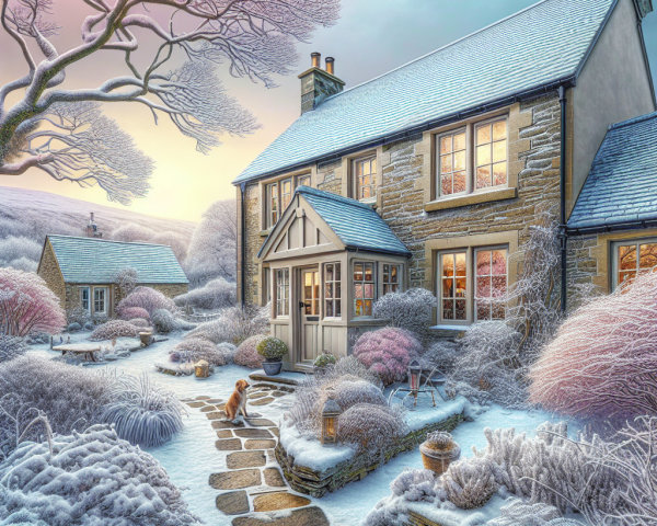 Stone Cottage in Winter Wonderland with Frosted Gardens
