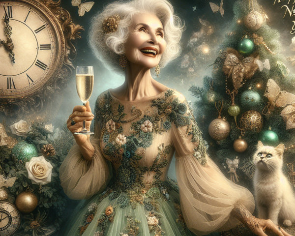 Elderly Woman Celebrating New Year's Eve by Tree