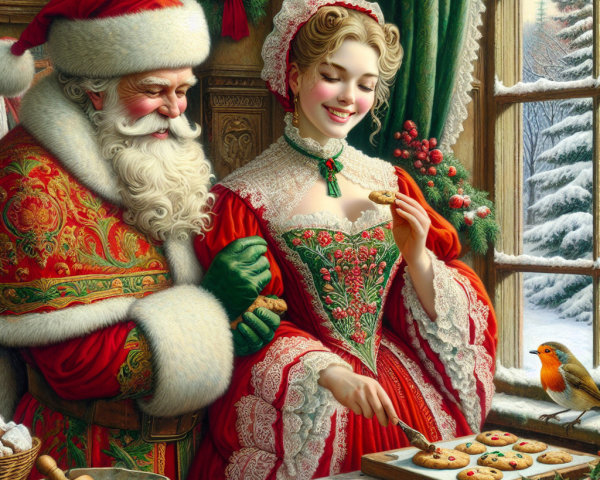 Santa Claus and a Young Woman in Festive Attire