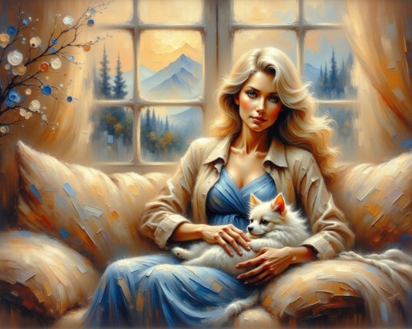 Serene Woman in Blue Gown with Cat by Window