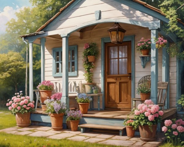 Charming Cottage with Colorful Flower Pots and Greenery