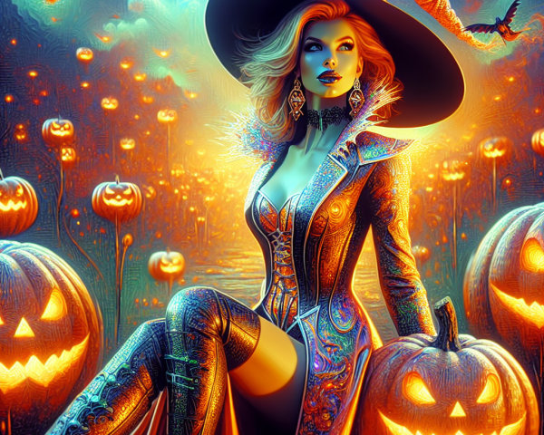 Stylish Witch Surrounded by Glowing Pumpkins and Bats