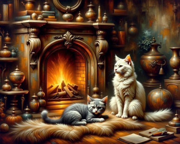 Cozy Room with Fireplace and Cats on Plush Rug