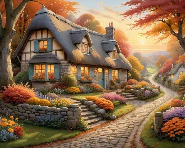 Charming Cottage Surrounded by Autumn Trees and Blooms