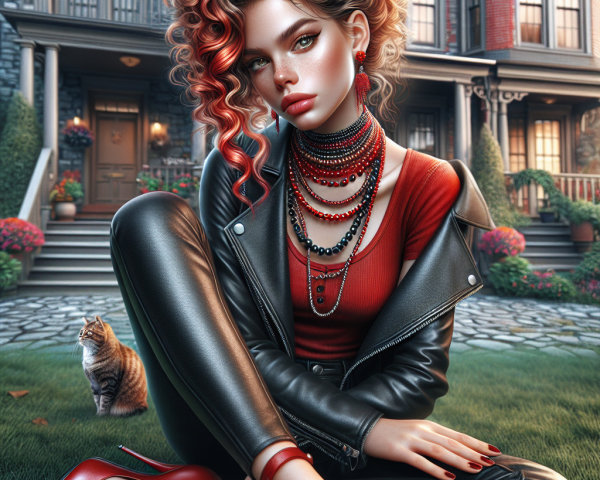 Stylish woman with red hair and cat by house