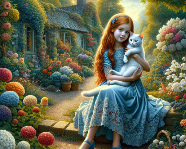 Young Girl with Cat in Enchanted Garden Setting