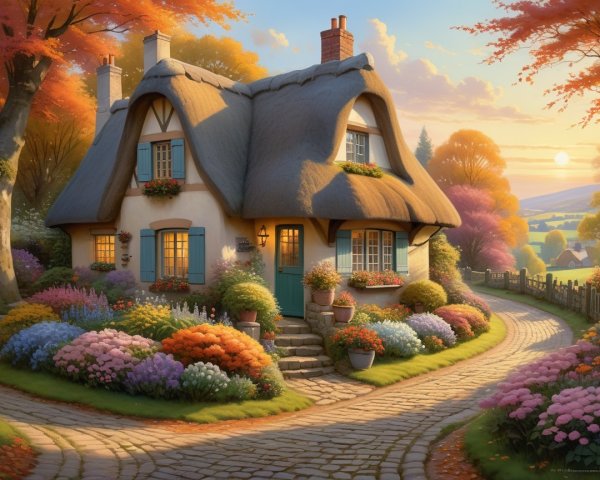 Thatched-Roof Cottage Surrounded by Autumn Foliage
