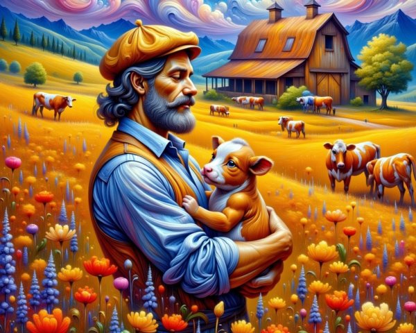 Serene rural landscape with farmer, dog, and wildflowers