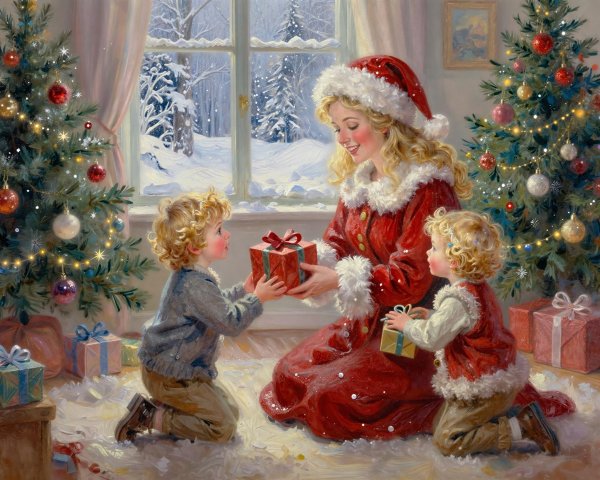 Whimsical Christmas Scene with Mrs. Claus and Children