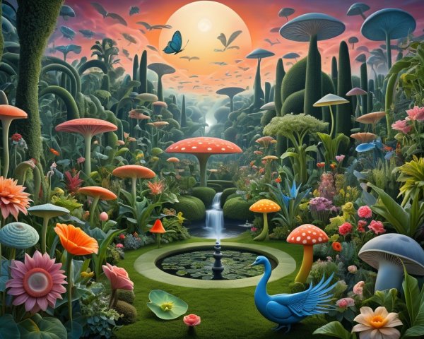 Vibrant Garden Scene with Colorful Mushrooms and Pond