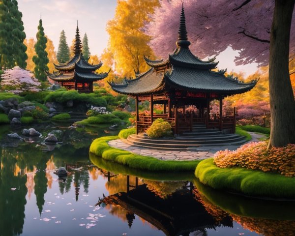 Tranquil Asian Garden with Pagodas and Cherry Blossoms