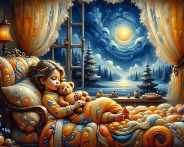 Cozy Dreamlike Room with Sleeping Girl and Teddy Bear