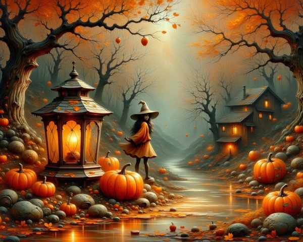 Whimsical Autumn Scene with Witch and Lantern