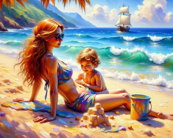 Serene beach scene with woman and child building sandcastle