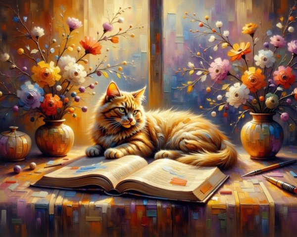 Fluffy Orange Tabby Cat on Book with Flowers