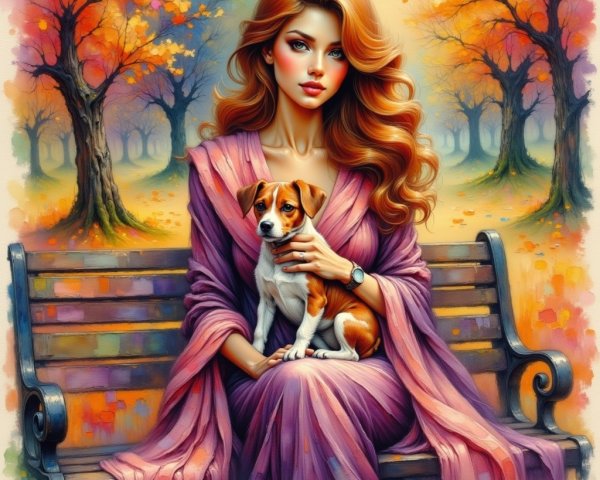 Autumn Park Scene with Woman and Playful Dog