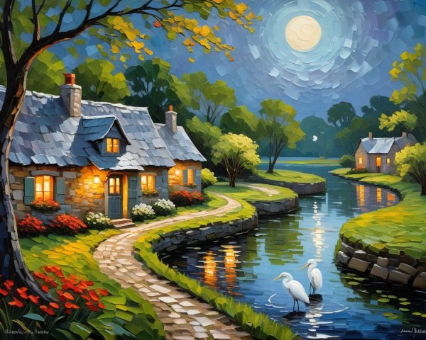 Impasto Painting of a Moonlit Cottage by a River