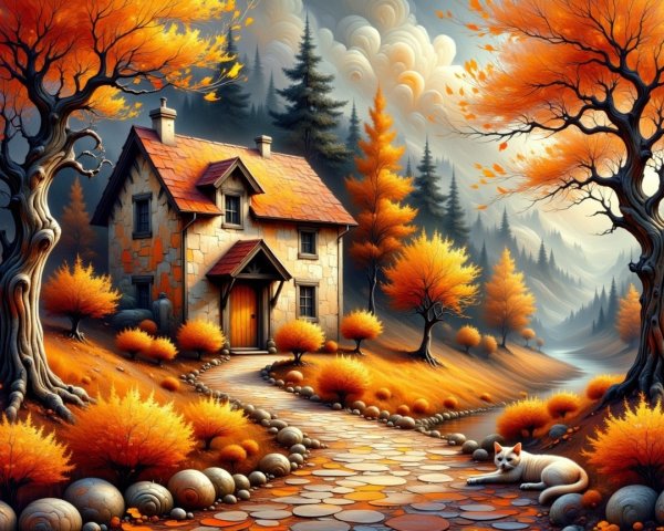 Cozy Stone Cottage in Vibrant Autumn Landscape