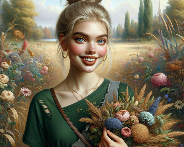 Young woman in sunlit field with colorful flowers
