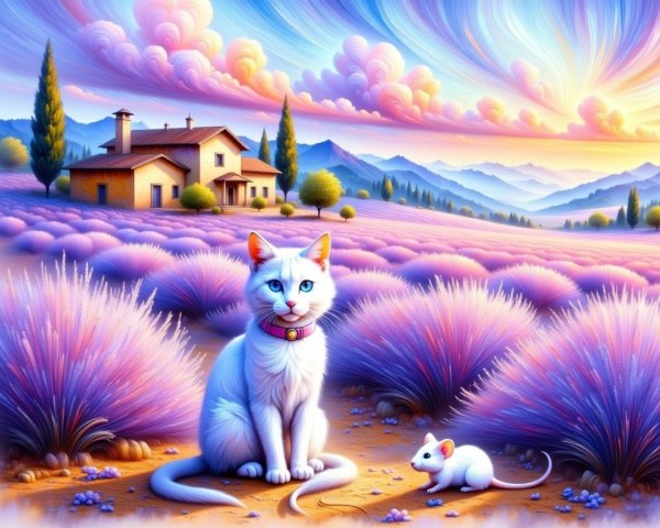 White Cat and Mouse in a Lavender Field Landscape