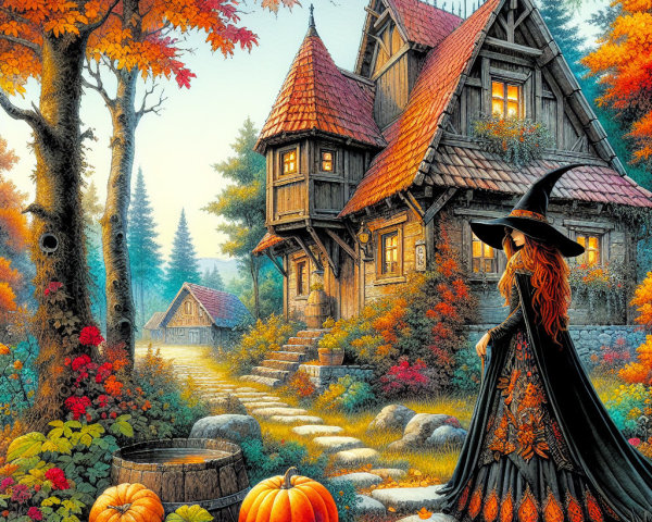 Whimsical Autumn Scene with Cottage and Witch