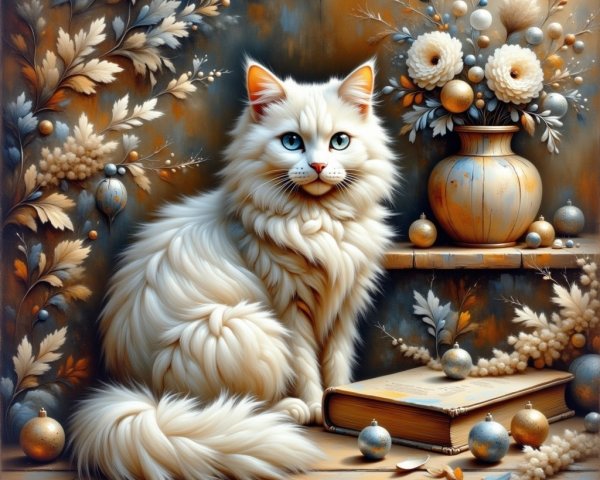 Fluffy white cat on shelf with books and ornaments